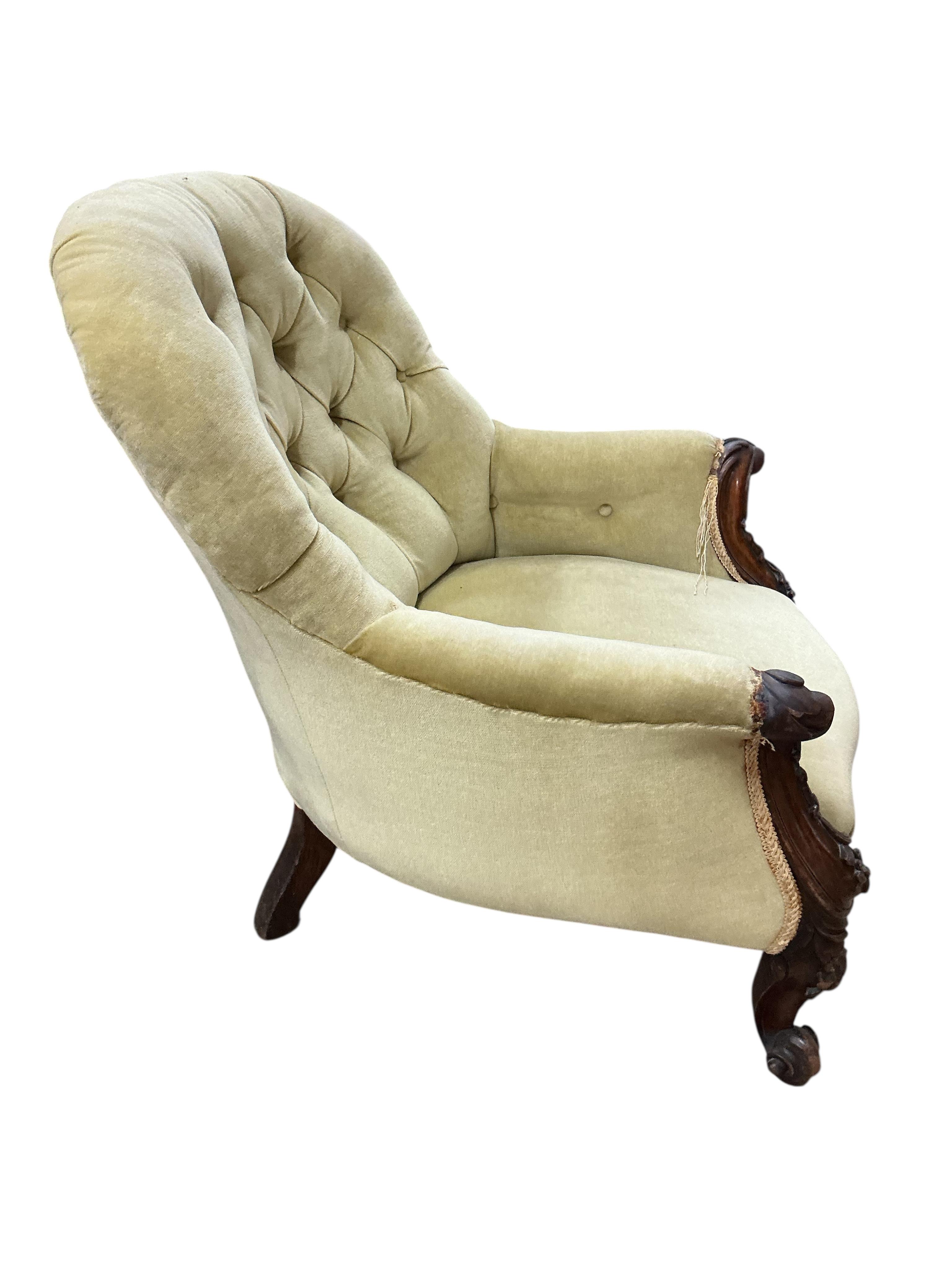 A Victorian mahogany button back armchair, width 68cm, depth 80cm, height 84cm